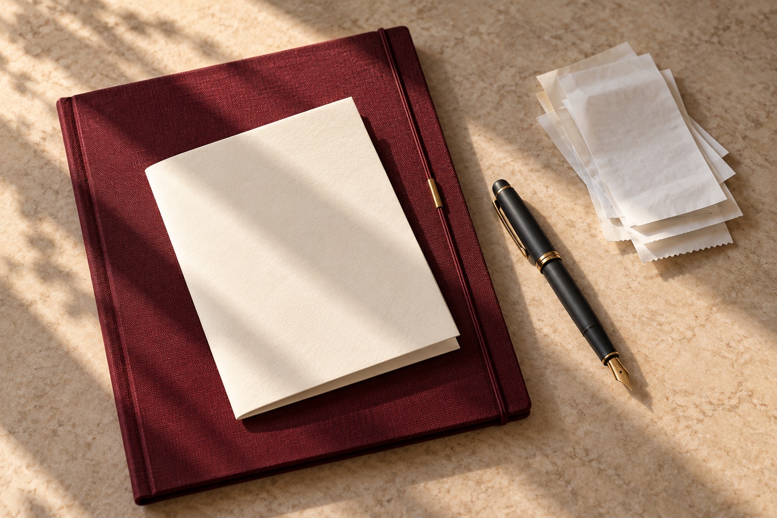 Illustrative still life of blank paper, a burgundy folder and a fountain pen